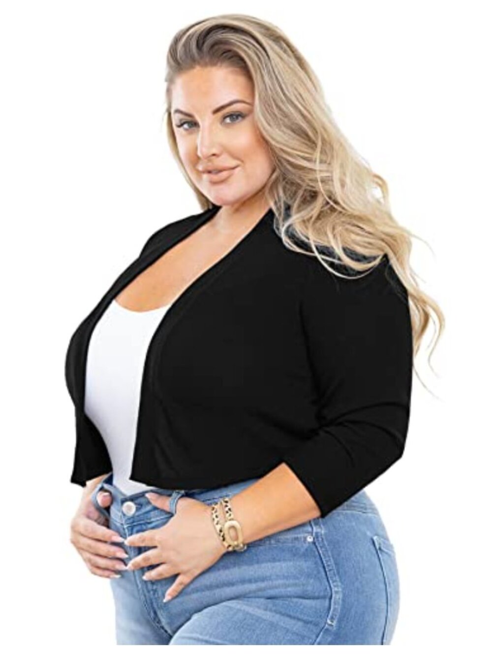 Plus Size Cropped Bolero Cardigan 3/4 Sleeve Open Front Knit Shrug